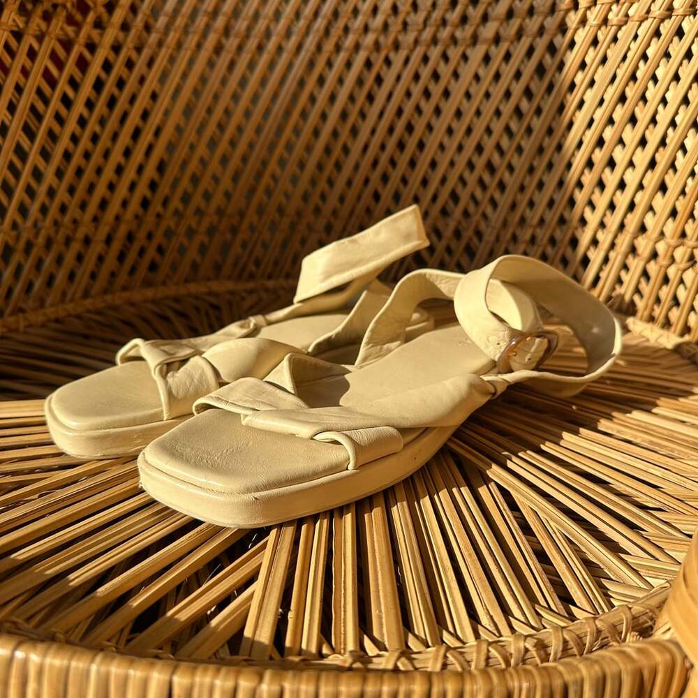 Vince Reza Square Toe Buckle Leather Sandals in Ecru